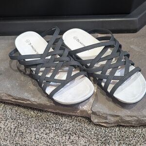 BearPaw Black Strappy Slide Mules